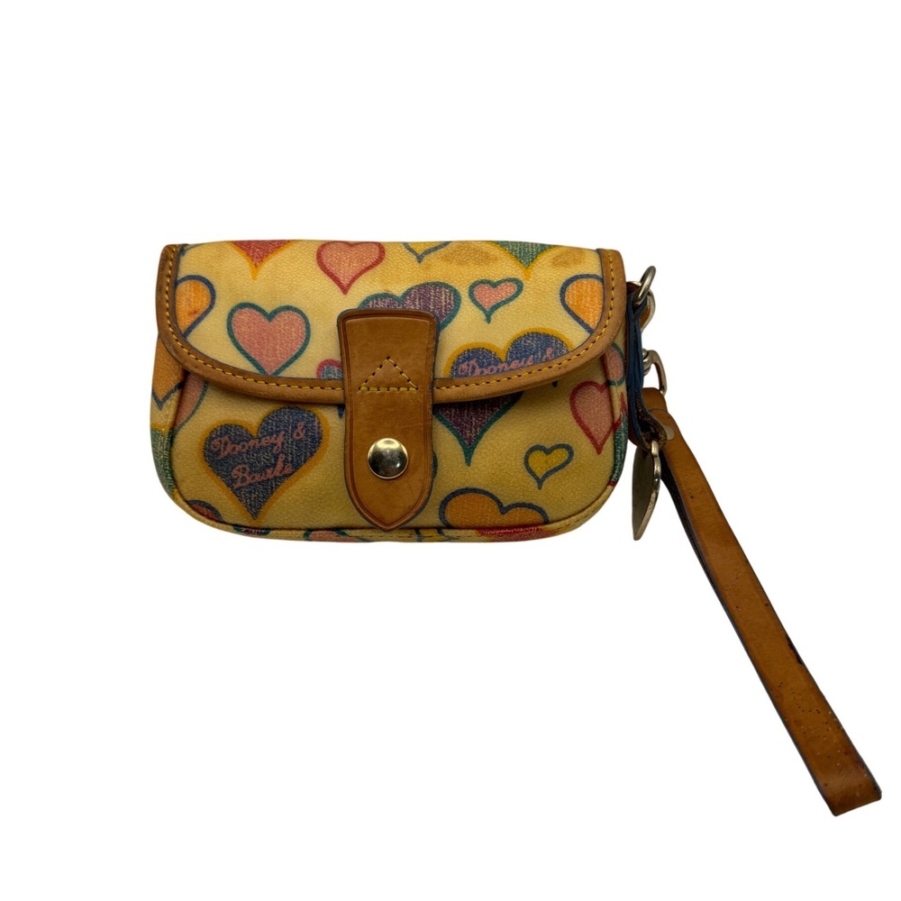 Vintage Dooney & Bourke Heart Print Wristlet Yellow Canvas Y2K Pouch Charm